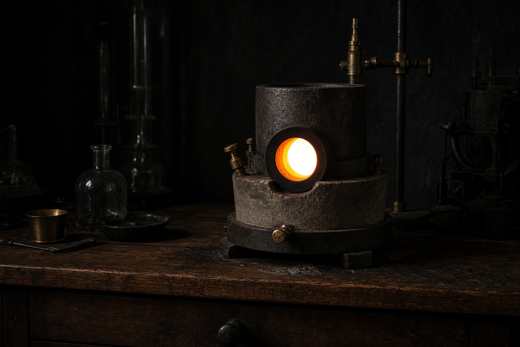 A dark laboratory furnace with one glowing aperture.
