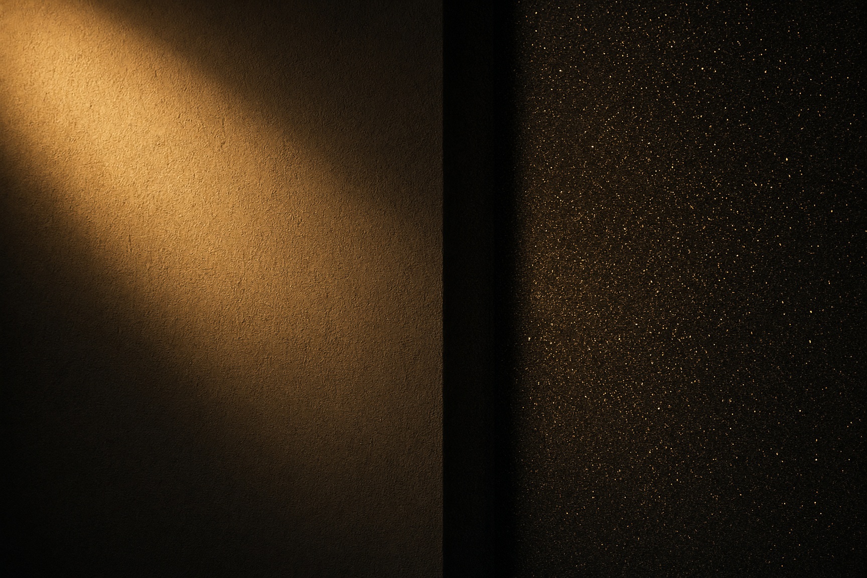 One warm beam, smooth on a wall at the left and grainy on a plate at the right.