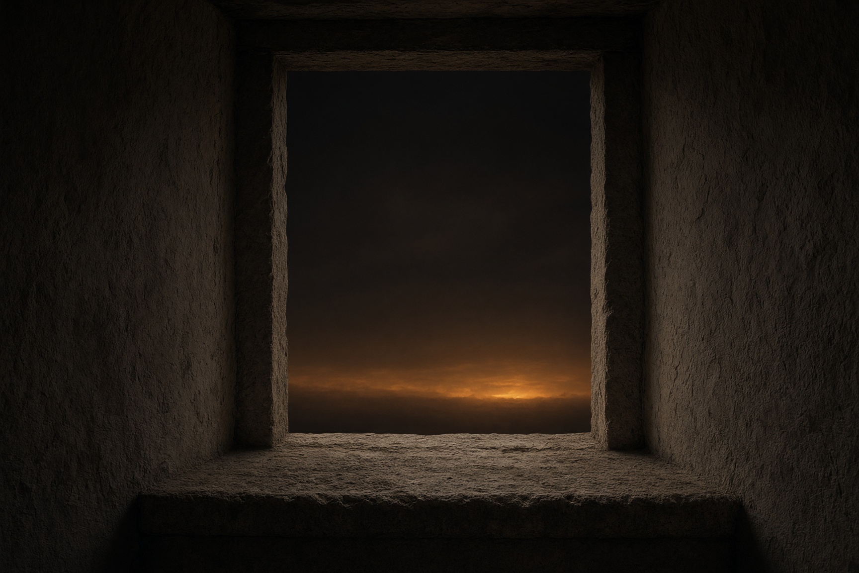 An empty window looking onto a distant warm sky.